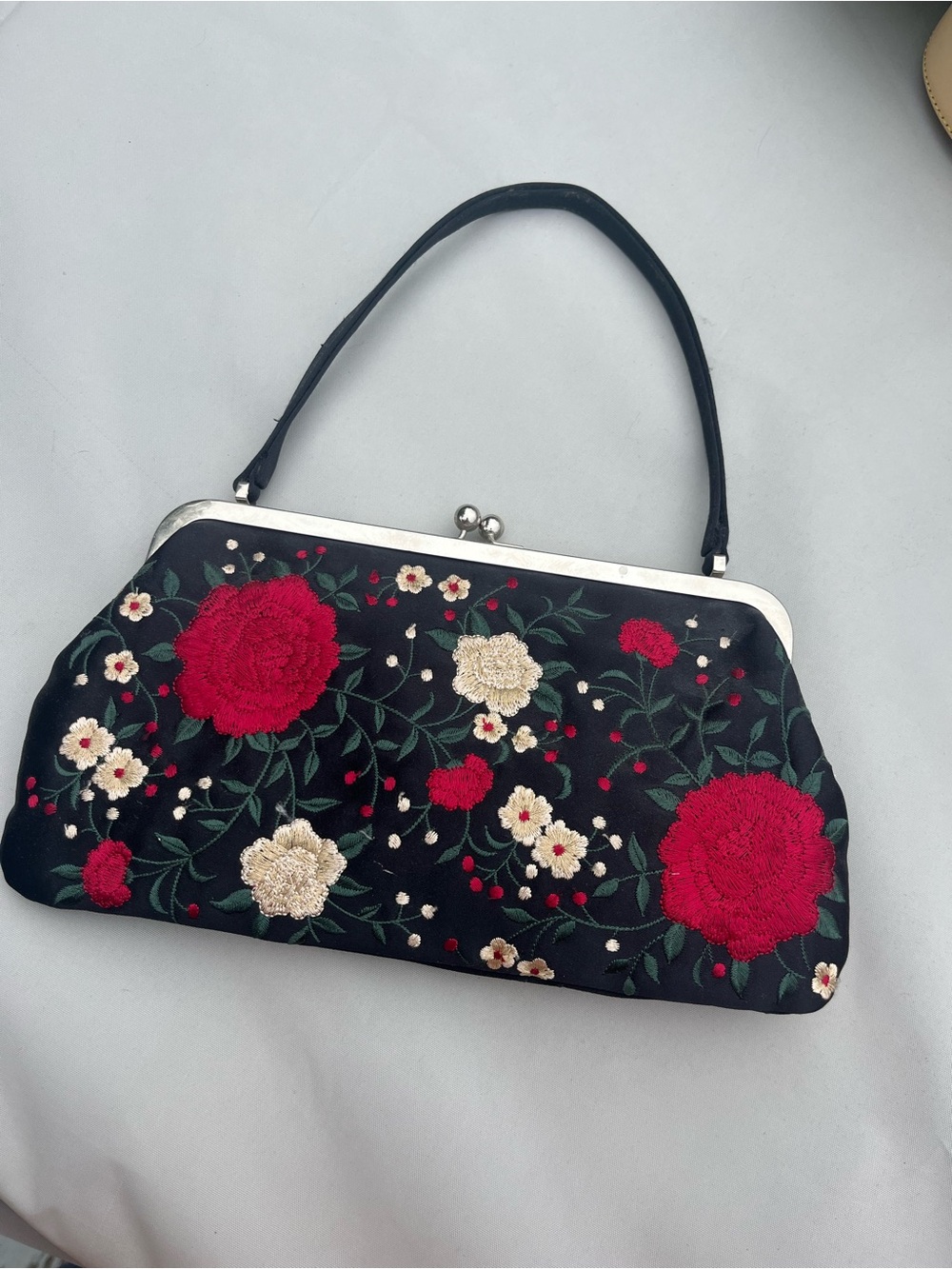 Talbots Embroidered Floral Black Clutch Bag with Red & Cream Flowers